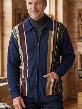 Haband Navy Zip-Up Sweater Jacket with Multicolor Stripes